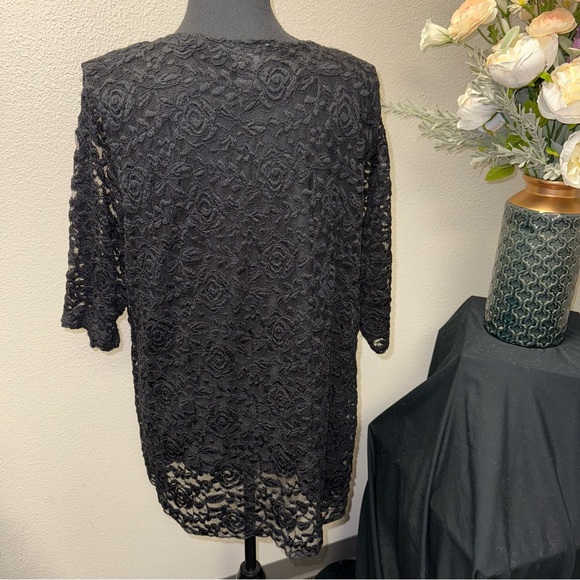 BonWorth Black Lace Floral Top L Sheer Romantic Elegant Evening Blouse - Picture 3 of 7